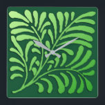 Art Deco fern pattern - shades of green Square Wall Clock<br><div class="desc">A stylized,  Art Deco fern wallpaper pattern in a soft,  shaded,  green gradient against a deep,  emerald green background</div>