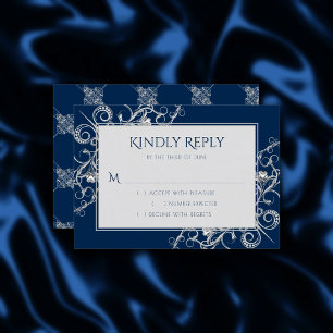 Art Deco Filigree   Silver and Navy Blue Decadence RSVP Card