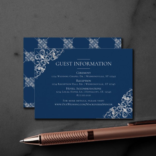 Art Deco Filigree | Silver Navy Blue Guest Details Enclosure Card (Creator Uploaded)