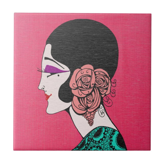 Art Deco Flapper Girl with Roses Ceramic Tile (Front)