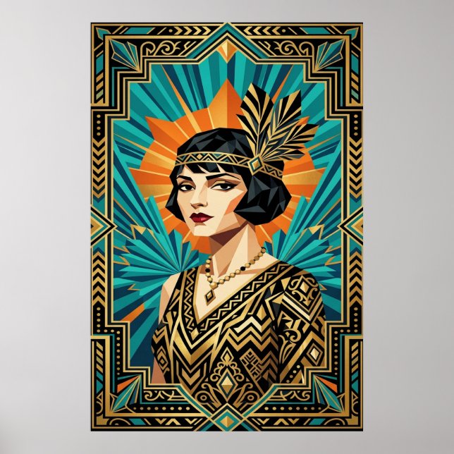 Art Deco Flapper Woman Portrait Gold Teal Poster (Front)