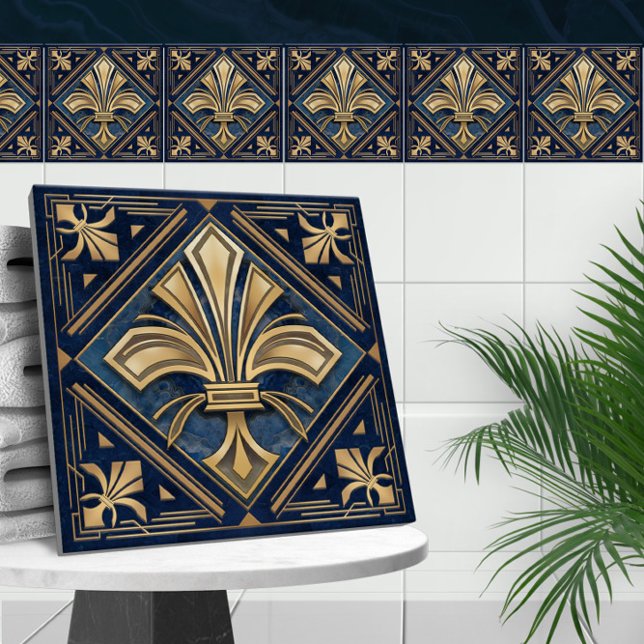 Art Deco Fleur-de-lis - Blue Marble and Gold Tile (Creator Uploaded)