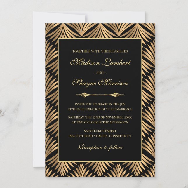 Art Deco Floral Black Gold Great Gatsby Wedding Invitation (Front)
