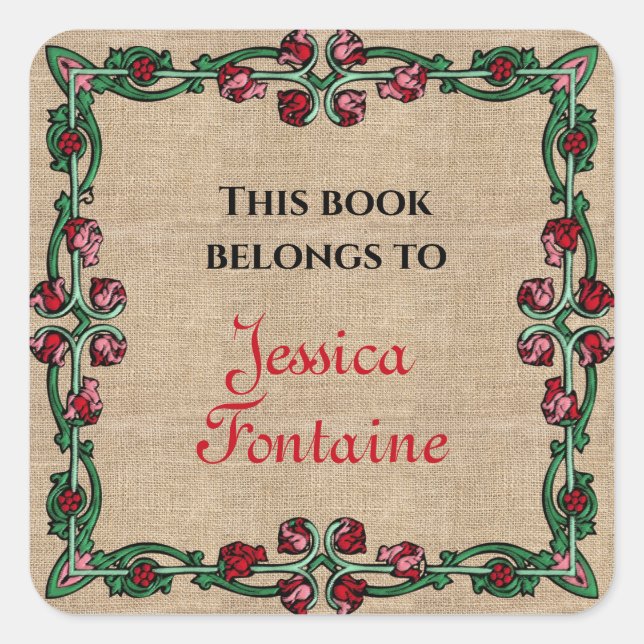 Art Deco Floral Frame Red Pink Green Personalized Square Sticker (Front)