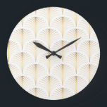 Art Deco Floral: Golden Elegance. Large Clock<br><div class="desc">Vintage style elegant floral art deco repeat fan pattern/stylized palm leaf in golden metallic gradient on light background. Seamless art deco fan pattern. Immerse in the vintage style elegant floral art deco repeat fan pattern. Vintage floral art deco captivates in a golden embrace. A touch of luxury and opulence! deco,...</div>