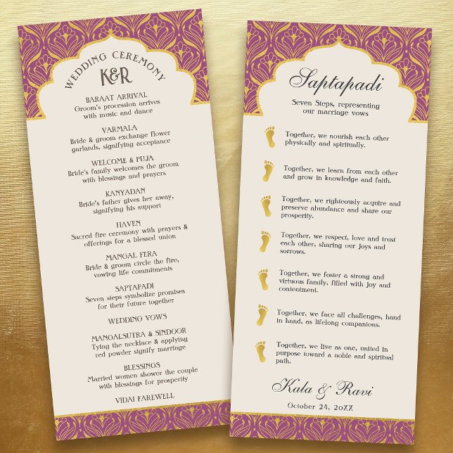 Art Deco Floral Lotus Indian & Hindu Wedding Program (Plum purple art deco indian hindu wedding program card with saptapadi seven steps vows, gold leaf)
