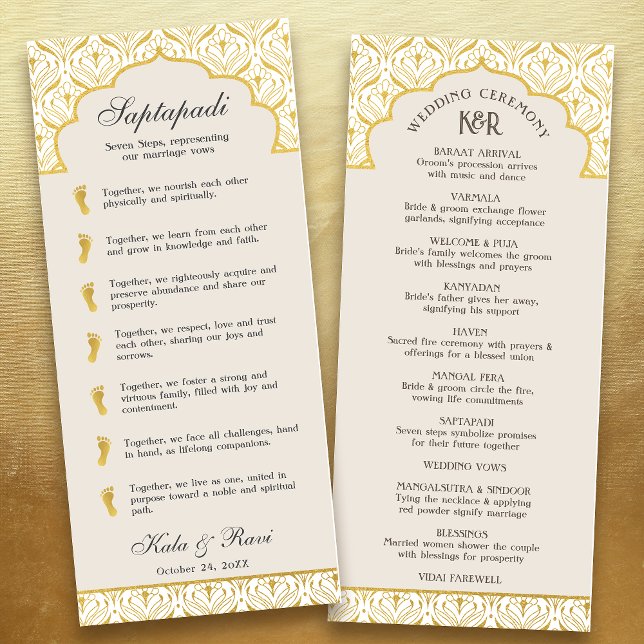 Art Deco Floral Lotus Indian & Hindu Wedding Program (Beige white art deco indian hindu wedding program card with saptapadi seven steps vows, gold foil)