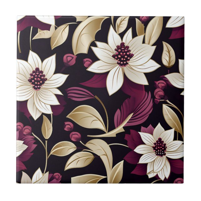Art Deco Floral On Burgundy Tile (Front)