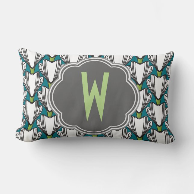 Art Deco Floral Pattern Monogrammed Lumbar Pillow (Front)