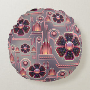Art deco floral pattern vintage geometric purple round pillow