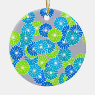 Art Deco flower pattern - blue and lime green Ceramic Ornament