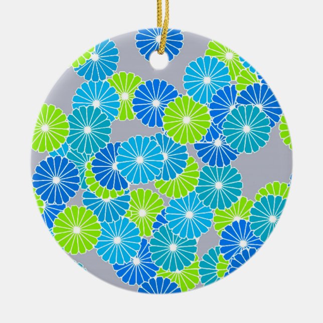 Art Deco flower pattern - blue and lime green Ceramic Ornament (Front)