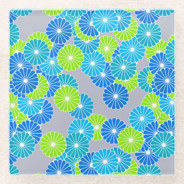 Art Deco flower pattern - blue and lime green Glass Coaster (Front)