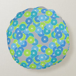 Art Deco flower pattern - blue and lime green Round Pillow