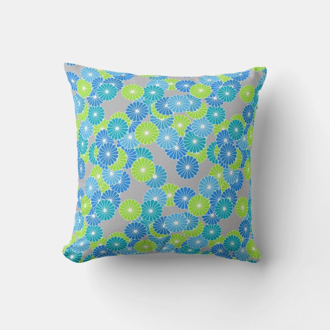Art Deco flower pattern - blue and lime green Throw Pillow (Front)