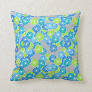 Art Deco flower pattern - blue and lime green Throw Pillow