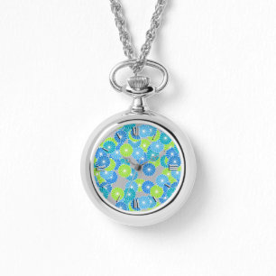 Art Deco flower pattern - blue and lime green Watch