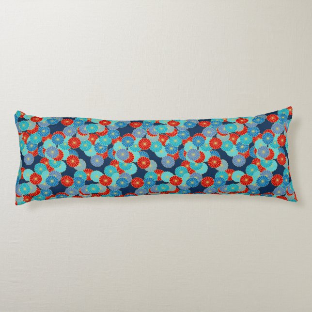 Art Deco flower pattern - blue, turquoise and red Body Pillow (Back)