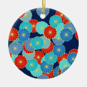 Art Deco flower pattern - blue, turquoise and red Ceramic Ornament