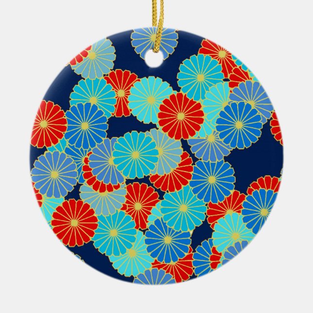 Art Deco flower pattern - blue, turquoise and red Ceramic Ornament (Front)