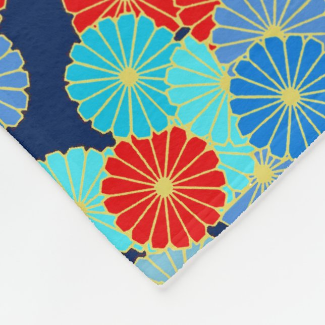 Art Deco flower pattern - blue, turquoise and red Fleece Blanket (Corner)