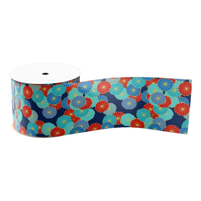 Art Deco flower pattern - blue, turquoise and red Grosgrain Ribbon (Spool)