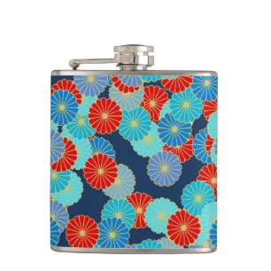 Art Deco flower pattern - blue, turquoise and red Hip Flask
