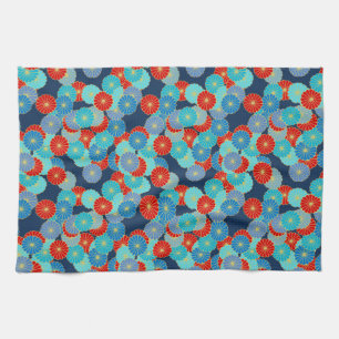 Art Deco flower pattern - blue, turquoise and red Kitchen Towel