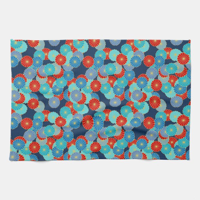 Art Deco flower pattern - blue, turquoise and red Kitchen Towel (Horizontal)