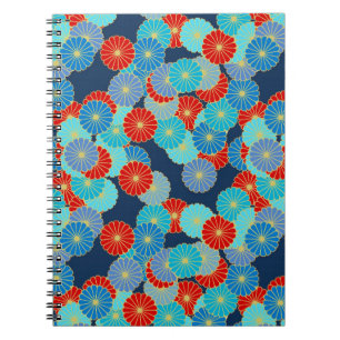 Art Deco flower pattern - blue, turquoise and red Notebook