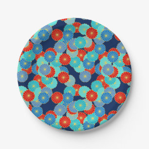 Art Deco flower pattern - blue, turquoise and red Paper Plate