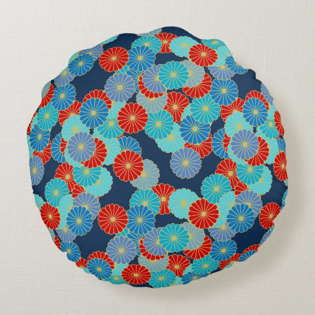 Art Deco flower pattern - blue, turquoise and red Round Pillow (Back)