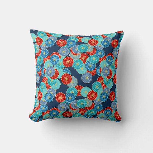 Art Deco flower pattern - blue, turquoise and red Throw Pillow (Front)