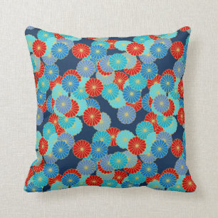 Art Deco flower pattern - blue, turquoise and red Throw Pillow