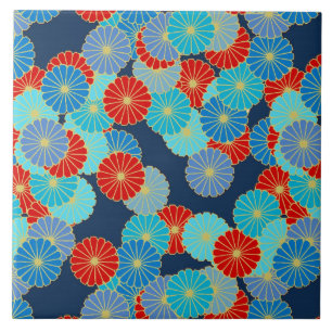 Art Deco flower pattern - blue, turquoise and red Tile