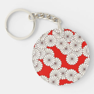 Art Deco flower pattern - cream on red Keychain