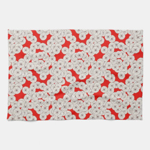 Art Deco flower pattern - cream on red Kitchen Towel