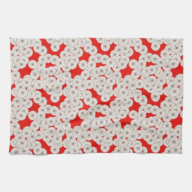 Art Deco flower pattern - cream on red Kitchen Towel (Horizontal)