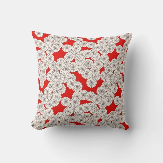 Art Deco flower pattern - cream on red Throw Pillow (Front)