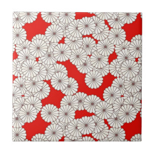 Art Deco flower pattern - cream on red Tile