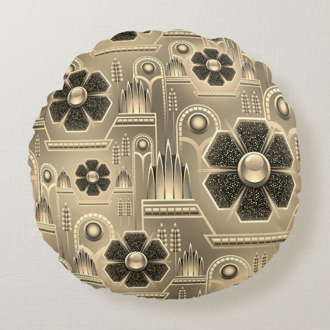 Art deco flower pattern floral geometric gold  round pillow (Front)