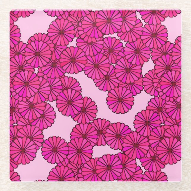 Art Deco flower pattern - magenta on pink Glass Coaster (Front)