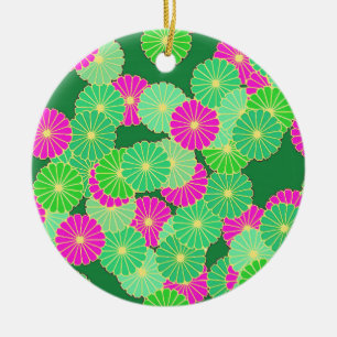 Art Deco flower pattern - shades of green, fuchsia Ceramic Ornament