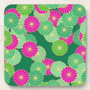 Art Deco flower pattern - shades of green, fuchsia Coaster