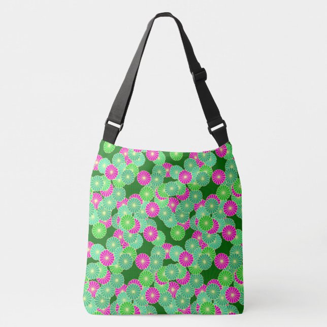 Art Deco flower pattern - shades of green, fuchsia Crossbody Bag (Front)