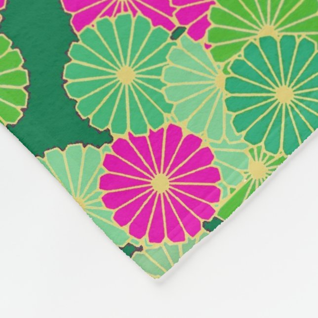 Art Deco flower pattern - shades of green, fuchsia Fleece Blanket (Corner)