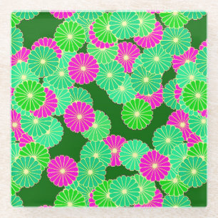 Art Deco flower pattern - shades of green, fuchsia Glass Coaster