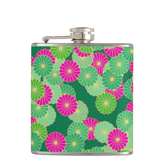 Art Deco flower pattern - shades of green, fuchsia Hip Flask (Front)