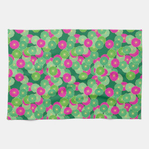 Art Deco flower pattern - shades of green, fuchsia Kitchen Towel