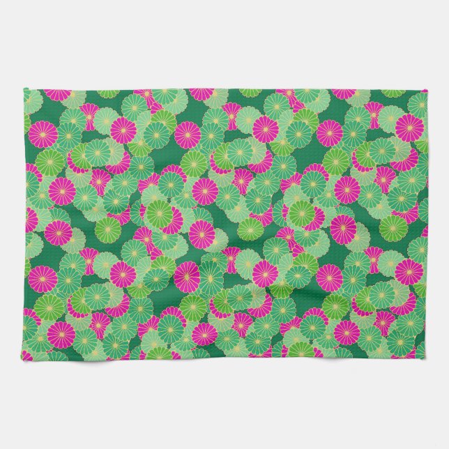Art Deco flower pattern - shades of green, fuchsia Kitchen Towel (Horizontal)
